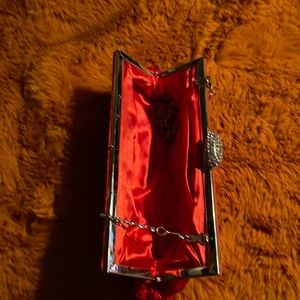 Red crush satin clutch purse with extra chain